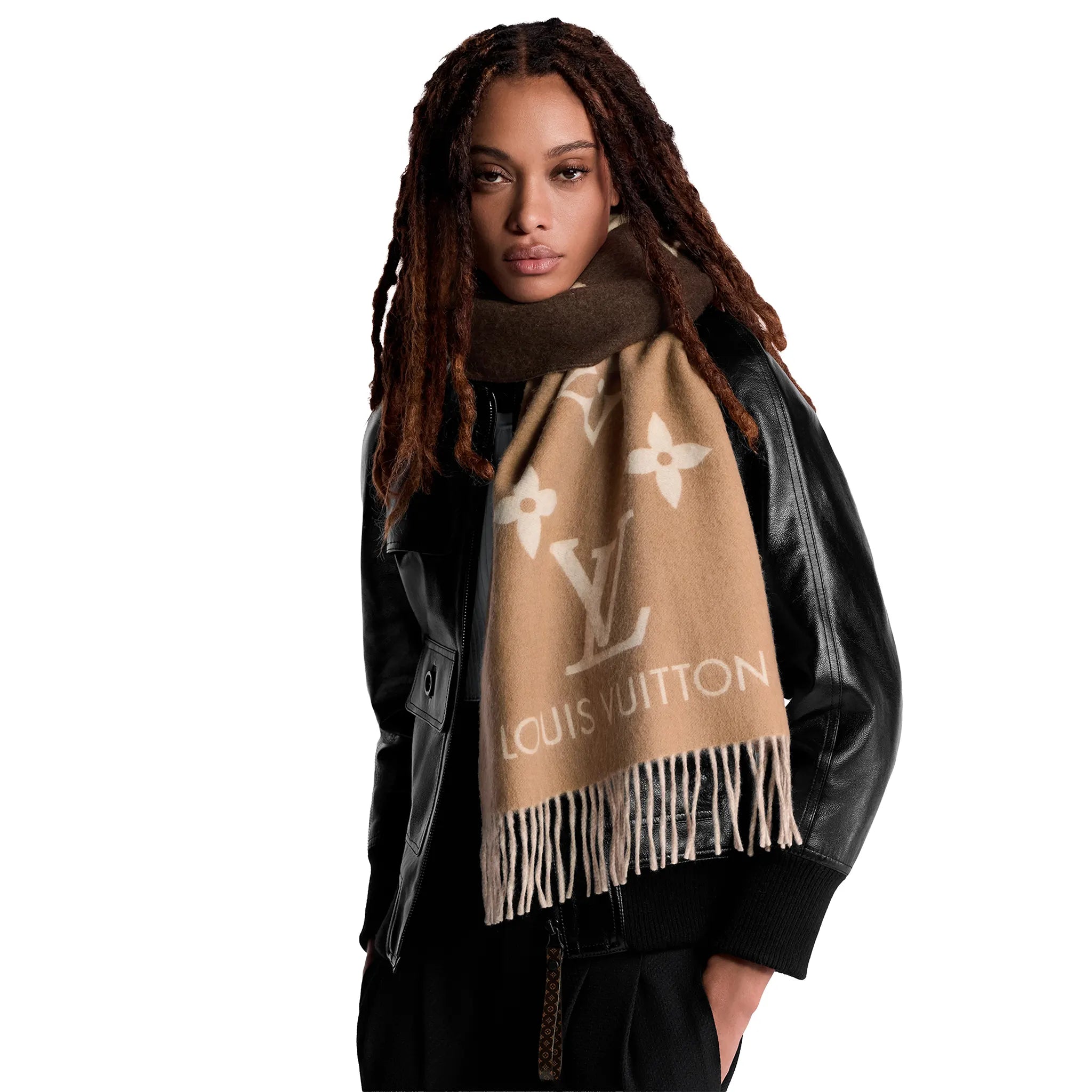 Model View of Louis Vuitton Reykjavik Gradient Beige Scarf M73675